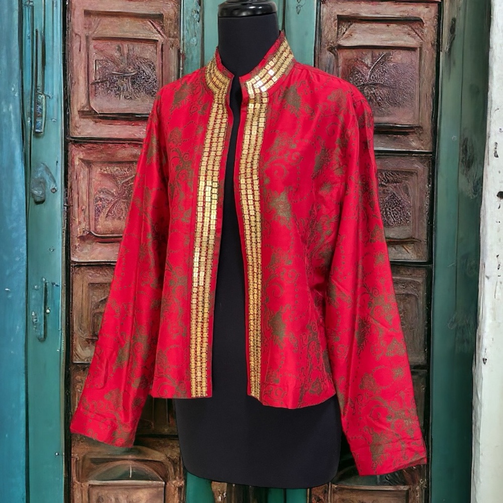 Chico’s Red Antique Gold Silk Blazer Sz 2 (L/12) Mandarin Collar Gold Sequins